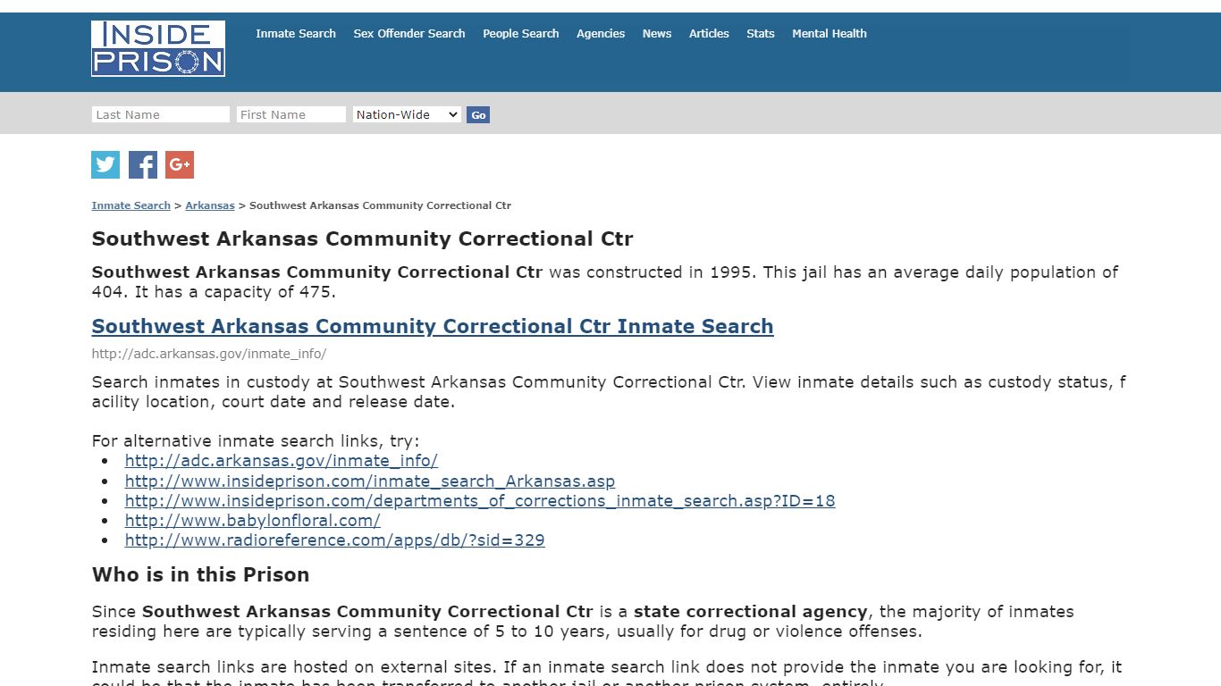 Southwest Arkansas Community Correctional Ctr - Arkansas - Inmate Search